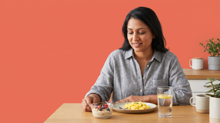 woman eating balanced meal to improve insulin sensitivity — morning kitchen setting