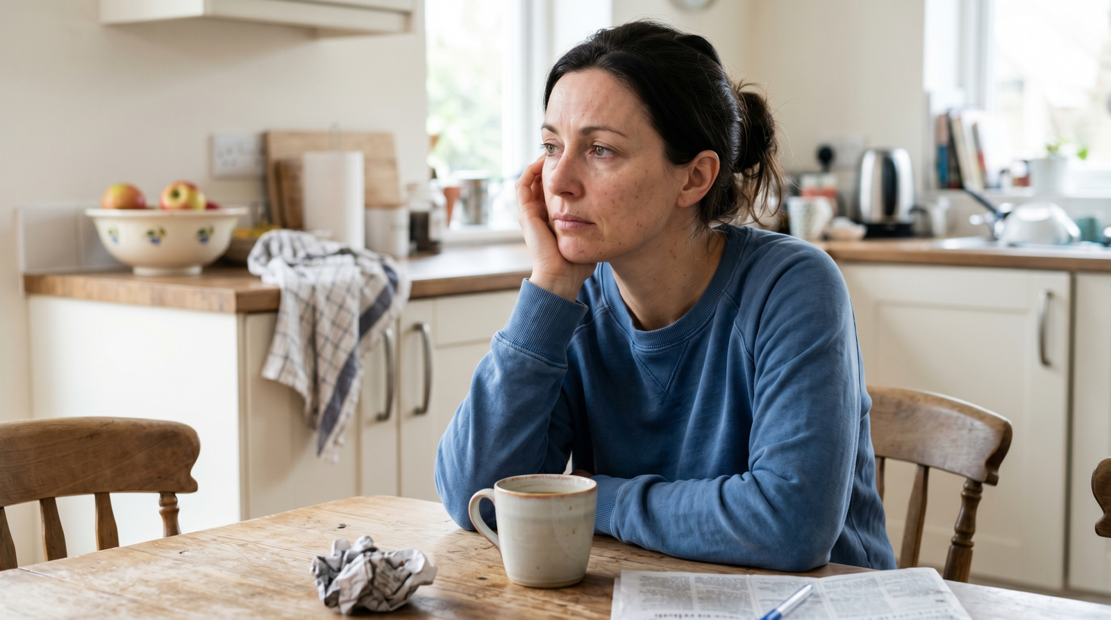 insulin resistance brain fog illustrated by woman sitting at kitchen table looking mentally fatigued