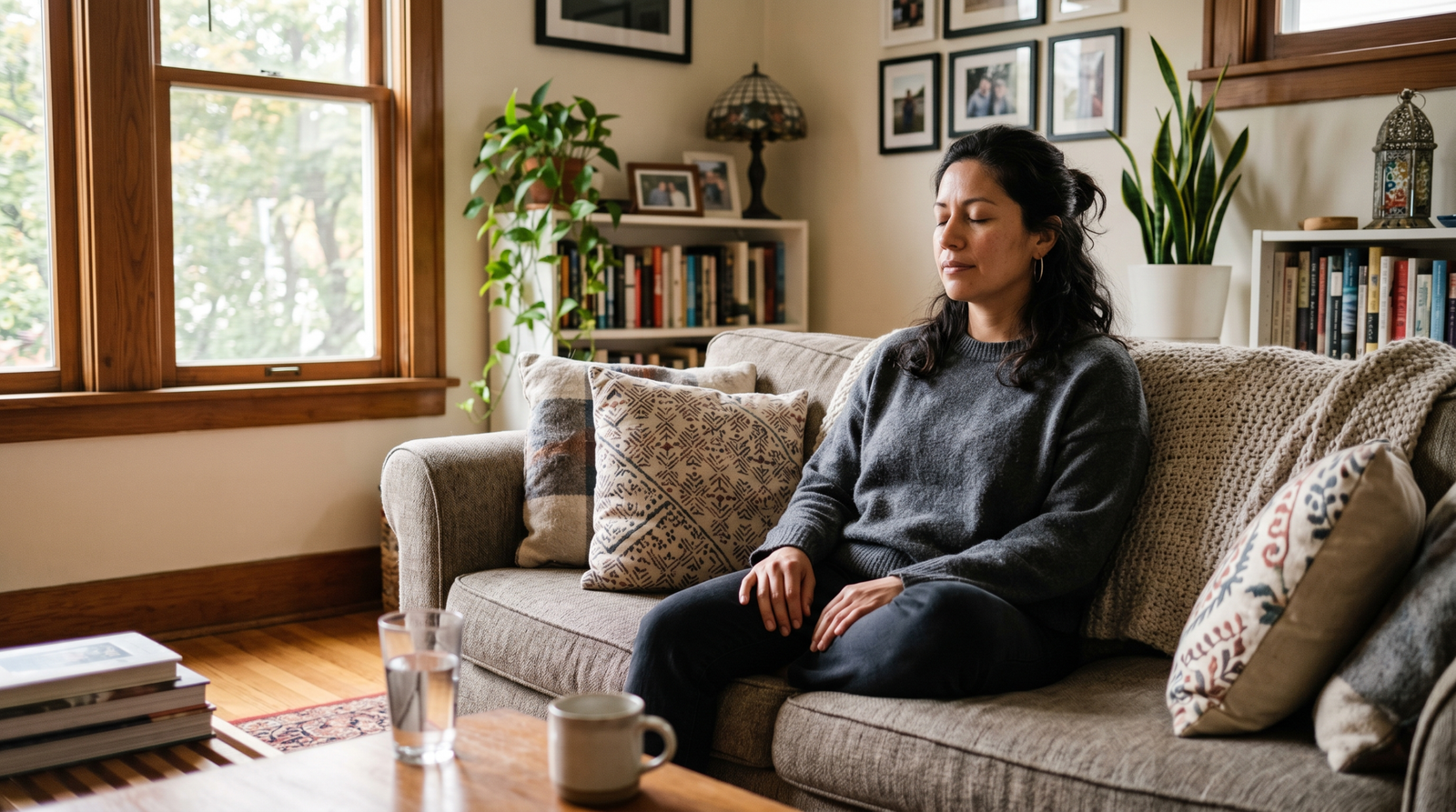 woman doing calm breathing exercise on sofa to manage stress and support blood sugar balance
