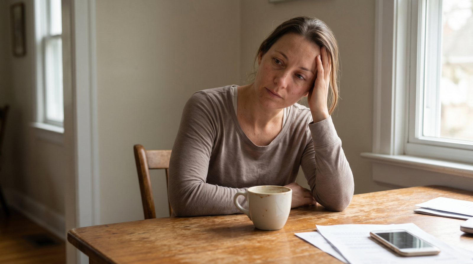 insulin resistance brain fog — woman at kitchen table struggling to focus, natural morning light
