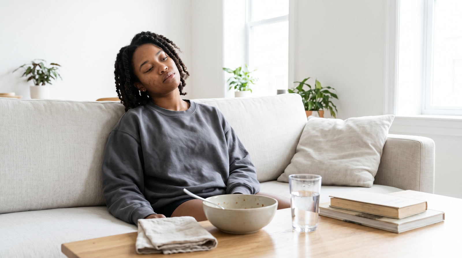 insulin resistance in your 20s — young woman fatigued on couch after lunch, afternoon energy crash