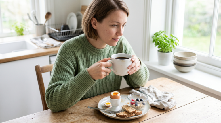 insulin resistance in your 20s — young woman looking fatigued at kitchen table, natural light