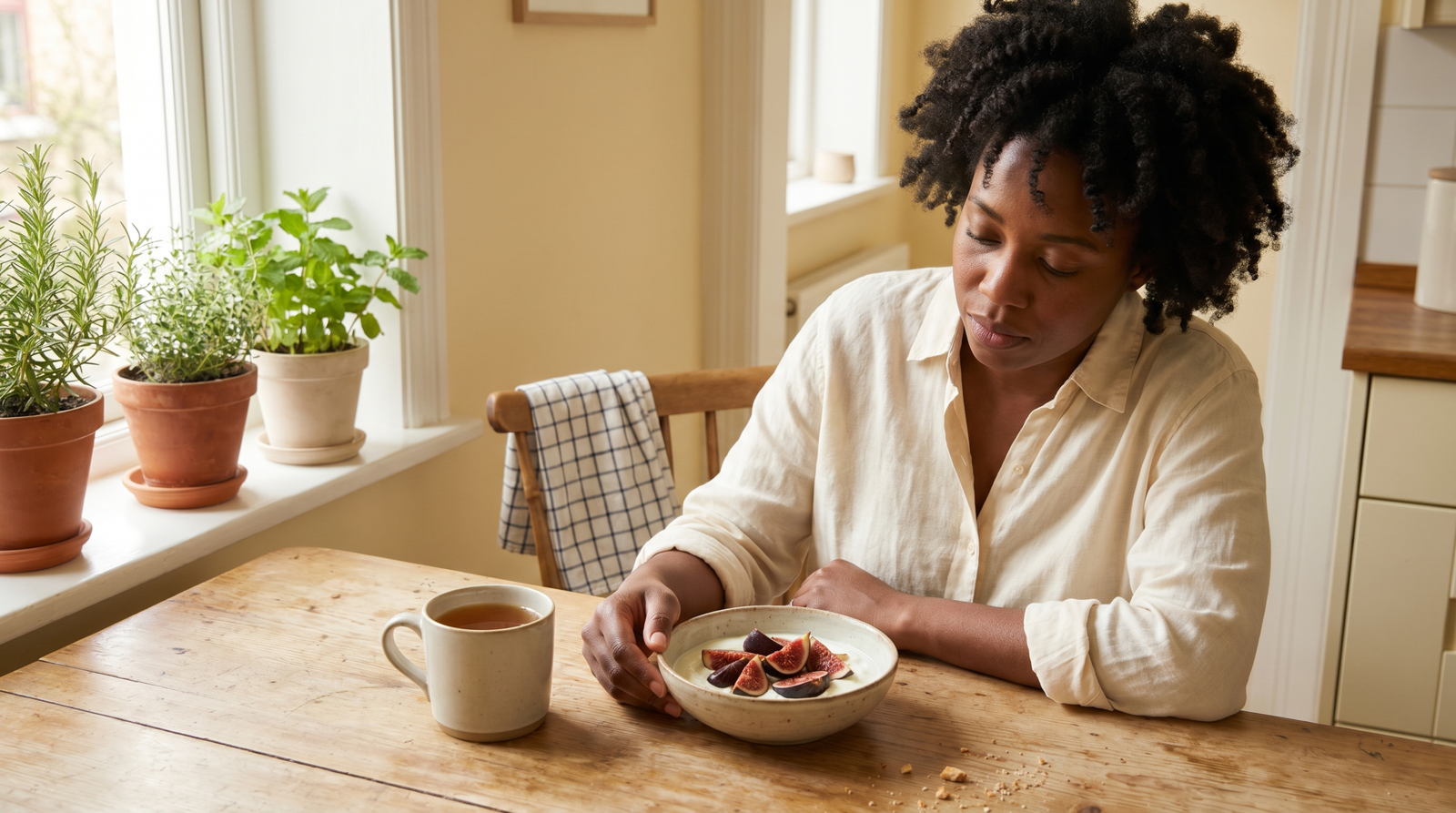 signs of liver problems in non drinkers — tired woman at breakfast table, soft morning kitchen light, natural setting