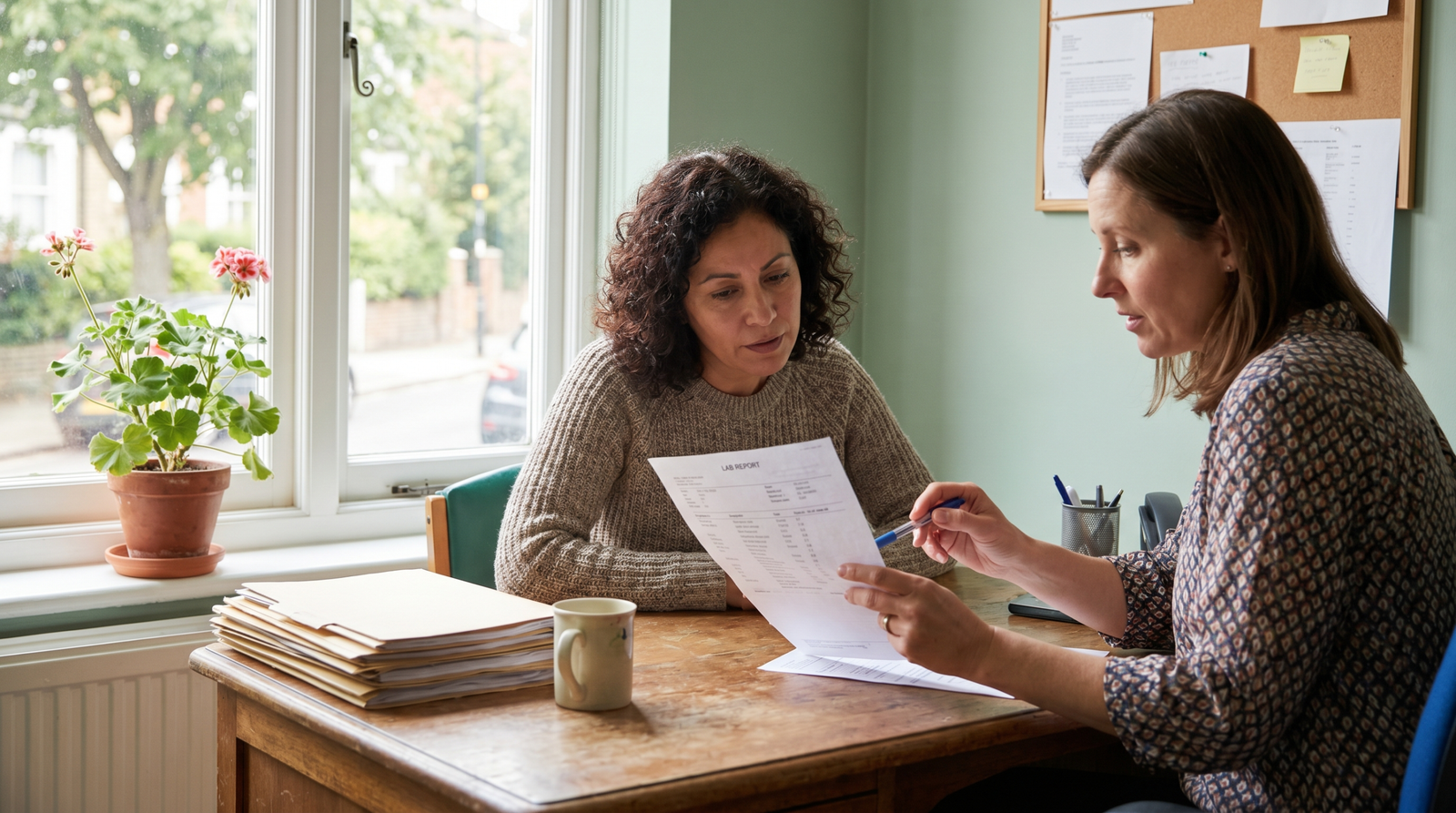 liver enzyme test discussion — Latina woman reviewing blood test results with female doctor, warm natural light clinic