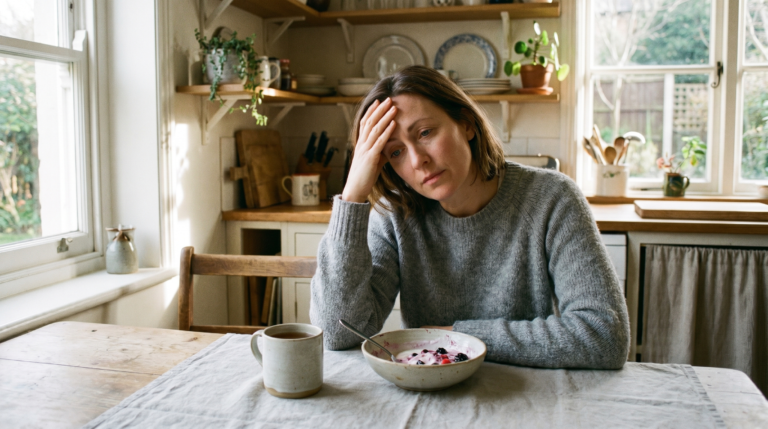 signs of liver problems in non drinkers — woman looking fatigued at kitchen table, natural morning light