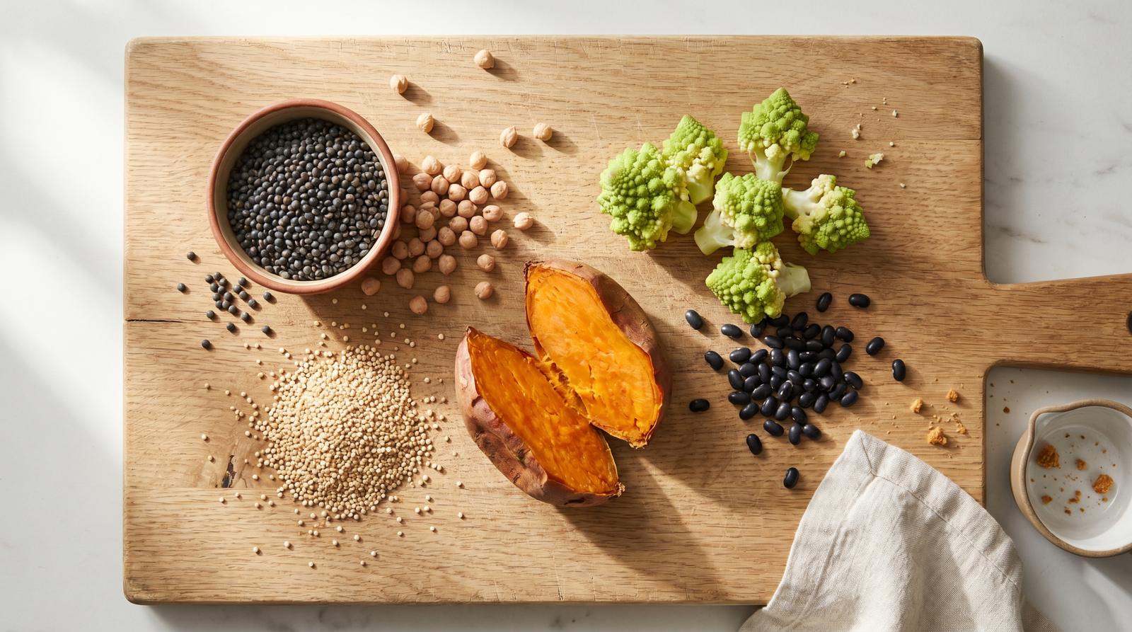 low-glycemic foods for insulin resistance — lentils, chickpeas, quinoa, and vegetables on a wooden surface