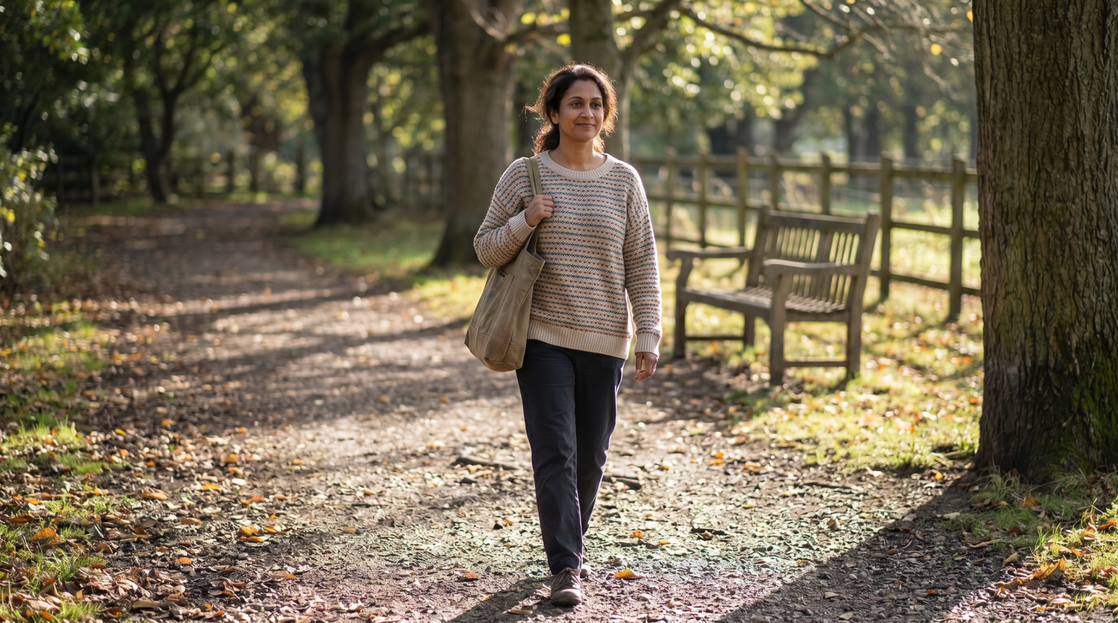 woman on a relaxed post-meal walk on a tree-lined path for blood sugar management