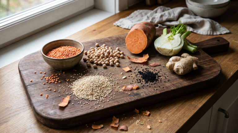 low-glycemic diet for insulin resistance — whole foods on a wooden kitchen counter
