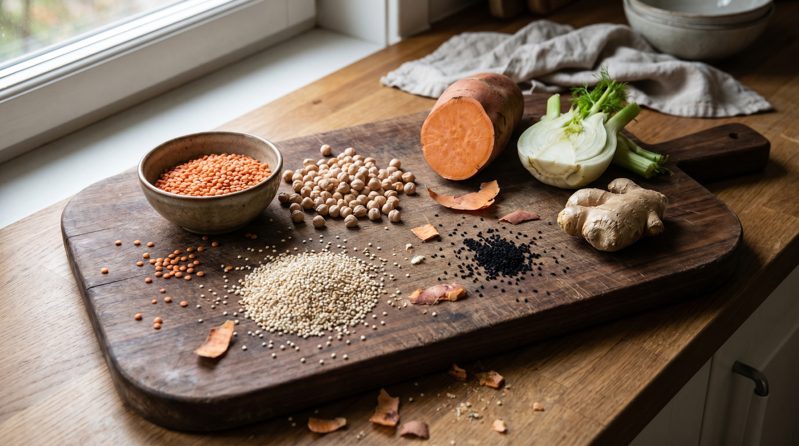 low-glycemic diet for insulin resistance — whole foods on a wooden kitchen counter