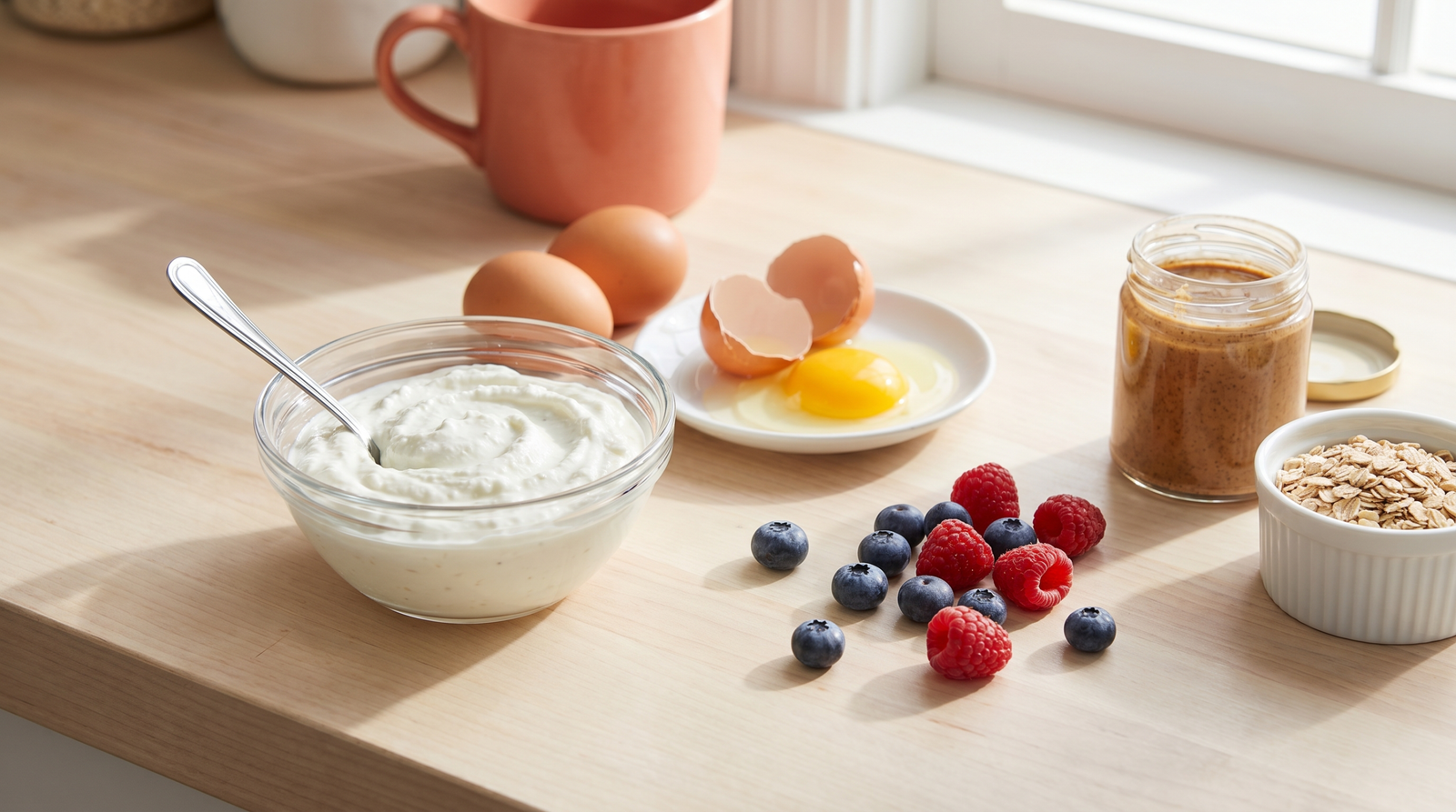 low-glycemic breakfast proteins including Greek yogurt, eggs and berries on a morning kitchen counter