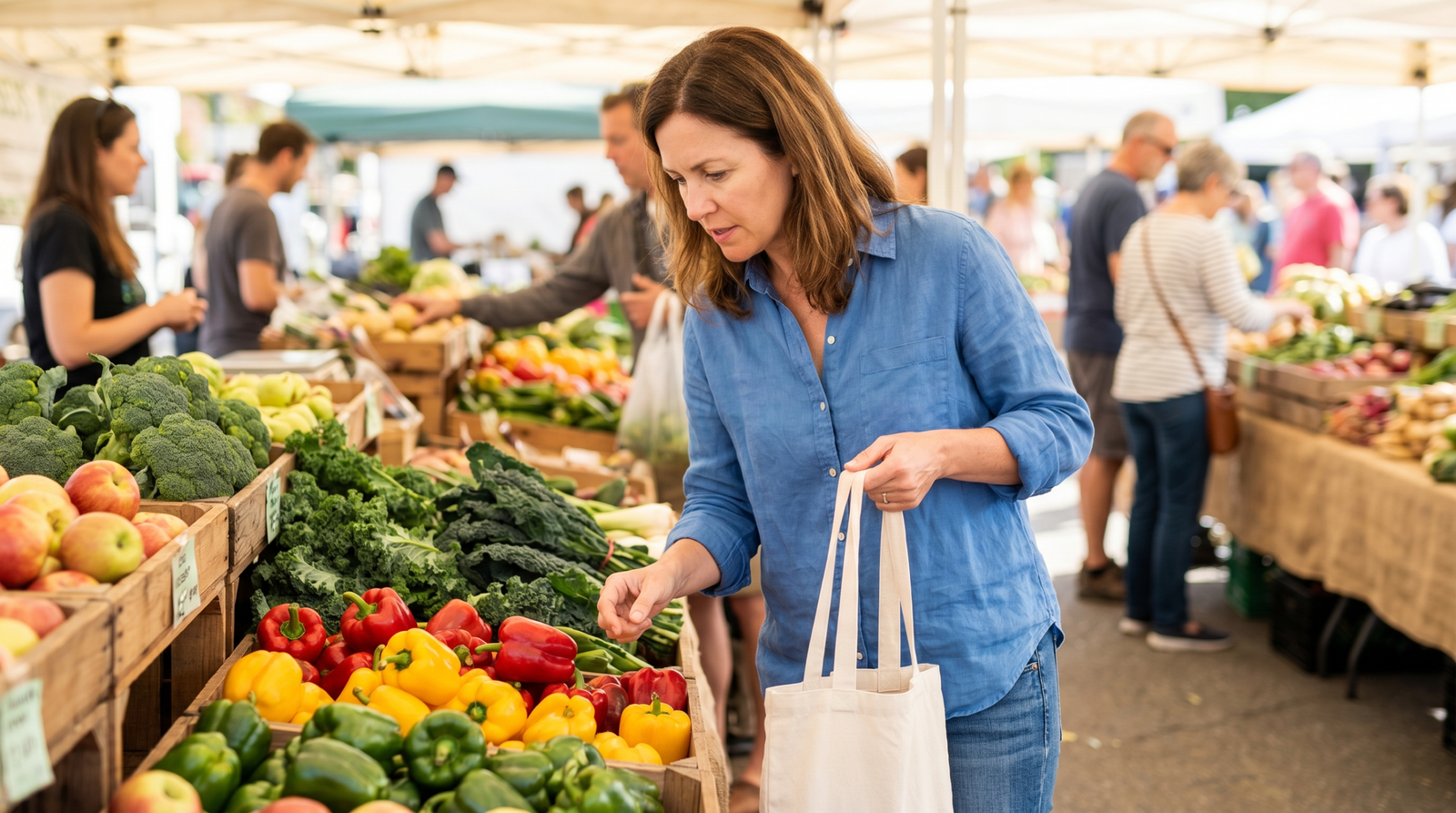 woman reviewing low-glycemic grocery list at a farmers market with fresh produce