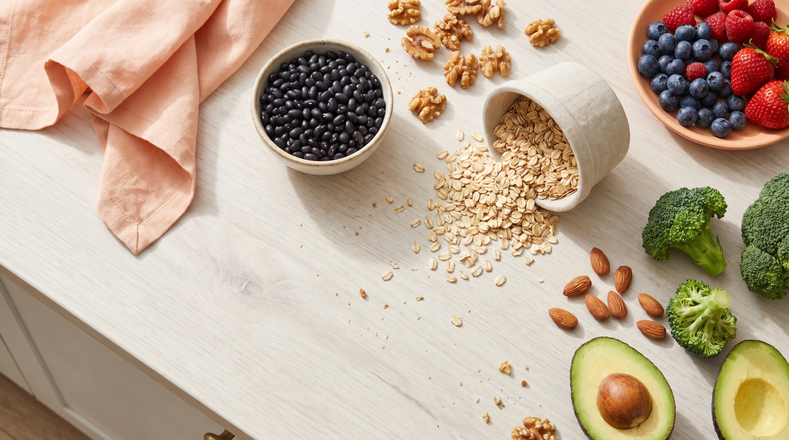 low-glycemic grocery list with vegetables, legumes and whole grains on a kitchen counter