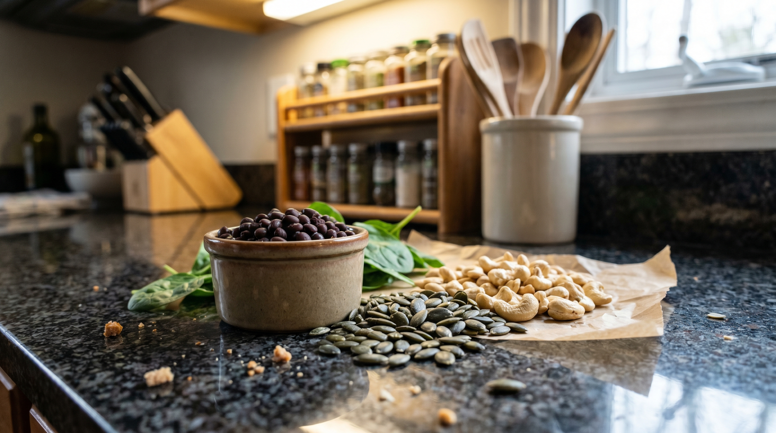 magnesium-rich foods for blood sugar including pumpkin seeds, spinach, and black beans on a wooden board