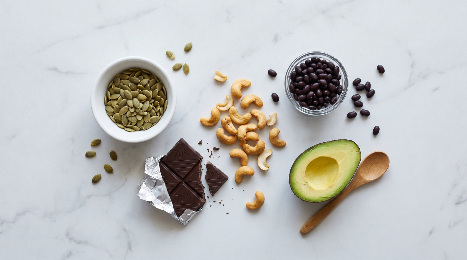 overhead flat lay of magnesium-rich foods — pumpkin seeds, black beans, dark chocolate, cashews on a marble surface