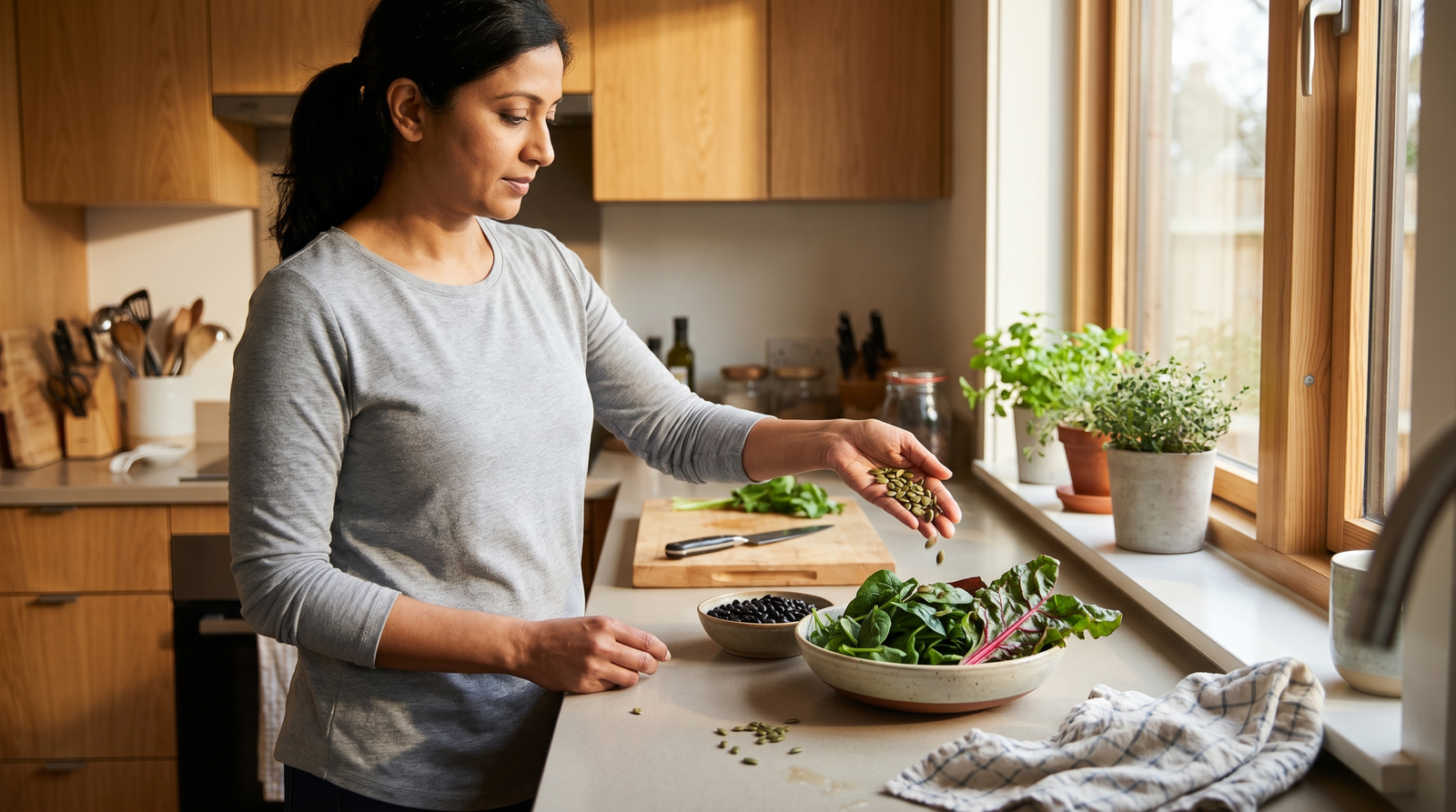 woman adding pumpkin seeds to a bowl of greens and black beans for blood sugar support