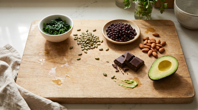 magnesium-rich foods for blood sugar including pumpkin seeds, spinach, and black beans on a wooden surface