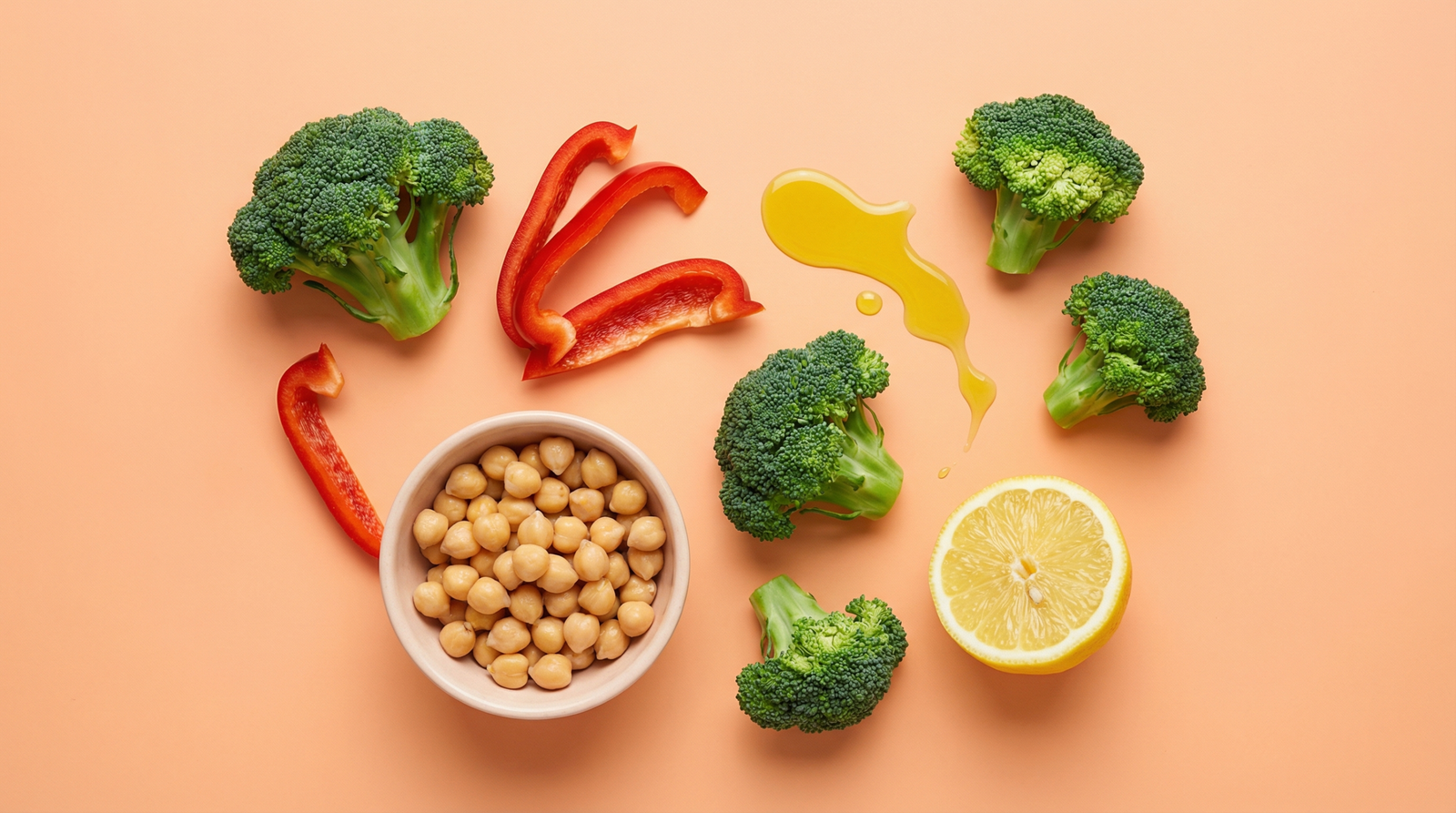 Colorful vegetables, olive oil, and legumes arranged on a peach background — key foods in the MASLD diet