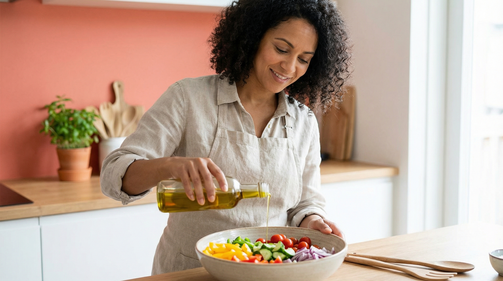 Person preparing a balanced MASLD diet meal with vegetables and olive oil on a coral background