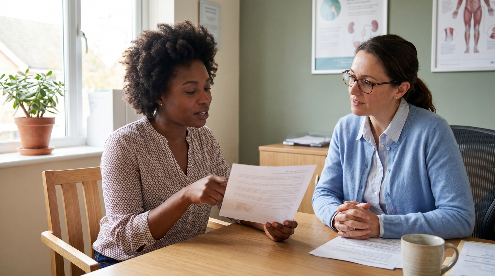 woman discussing metabolic syndrome blood test results with doctor in a natural clinical setting