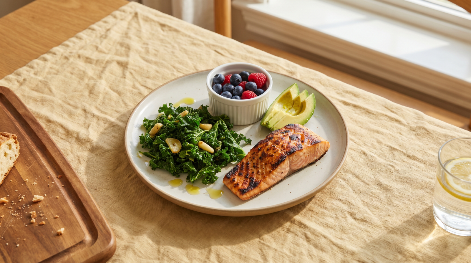 metabolic syndrome and inflammation — anti-inflammatory plate with salmon, leafy greens, berries and olive oil