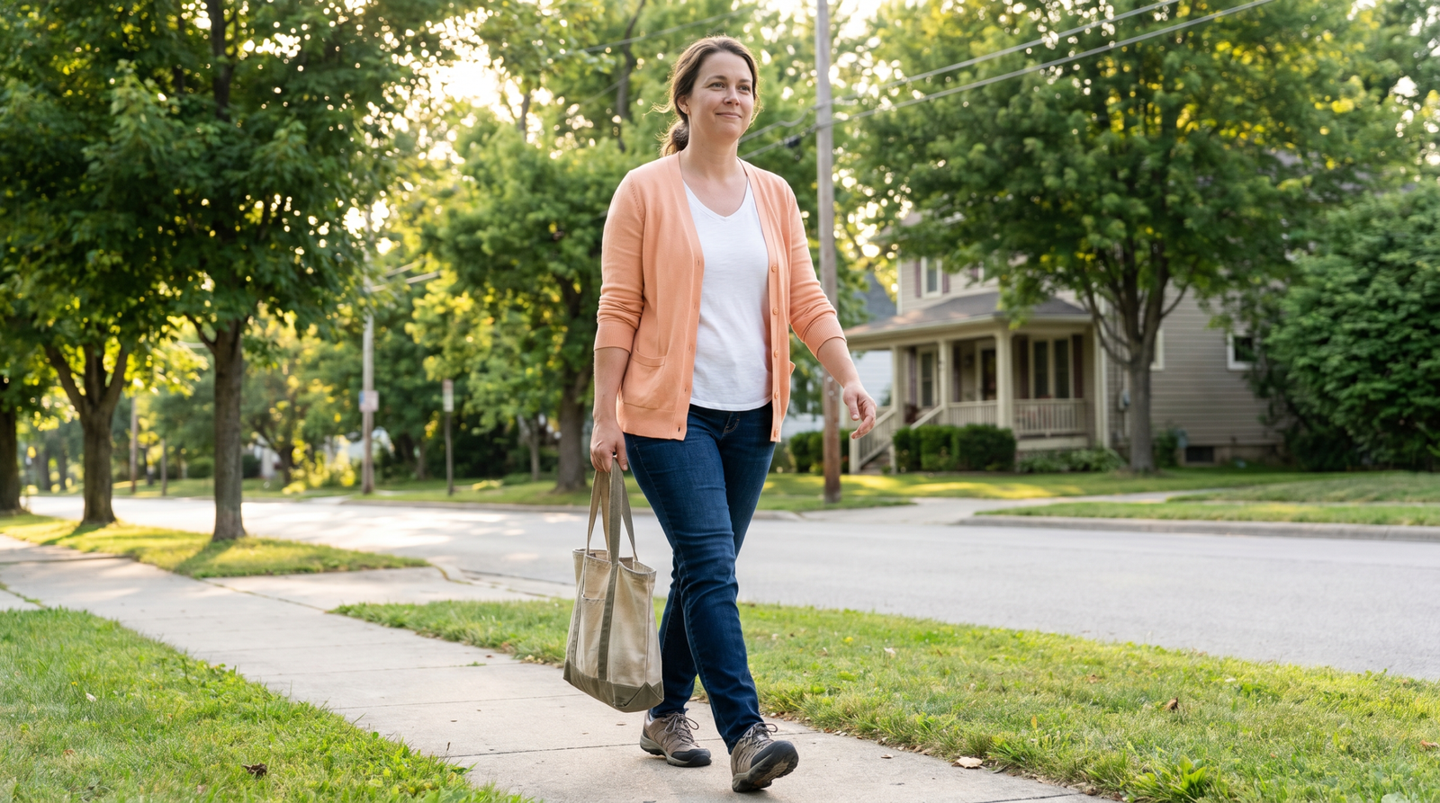 typical American woman walking outdoors after a meal — supporting metabolic syndrome and inflammation reduction through daily movement
