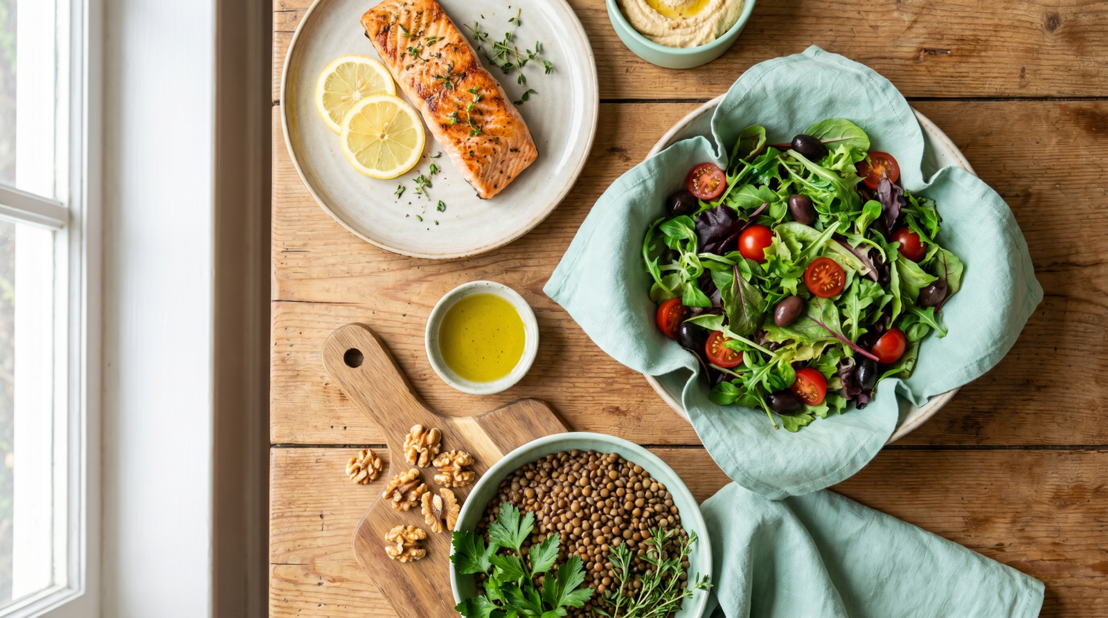 metabolic syndrome and inflammation — anti-inflammatory Mediterranean meal with salmon, leafy greens and olive oil