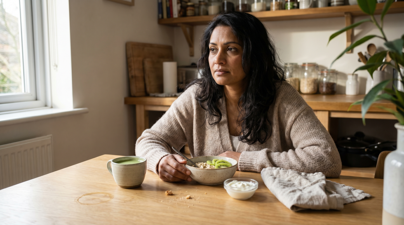 metabolic syndrome and sleep disorders — tired adult at breakfast table showing morning fatigue and blood sugar link
