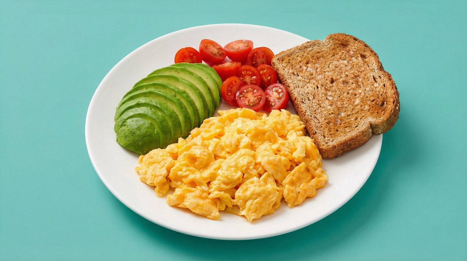 morning habits blood sugar — scrambled eggs with avocado and cherry tomatoes on teal background