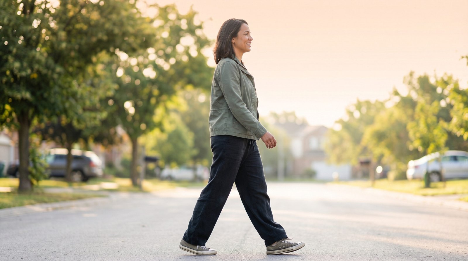 person walking outdoors after breakfast — morning movement for blood sugar stability