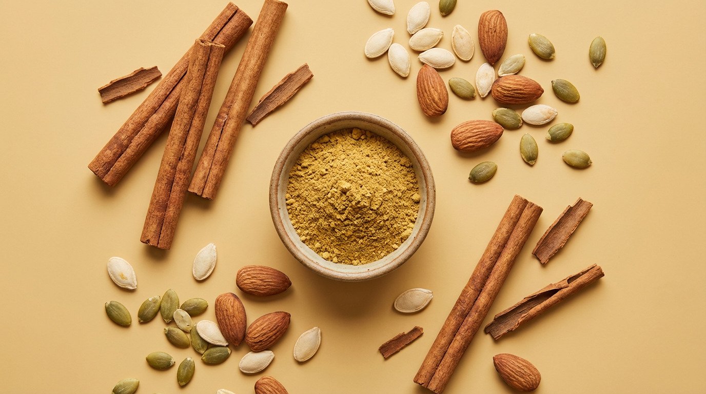 natural supplements for prediabetes — berberine, cinnamon and magnesium-rich foods arranged on a warm sand background