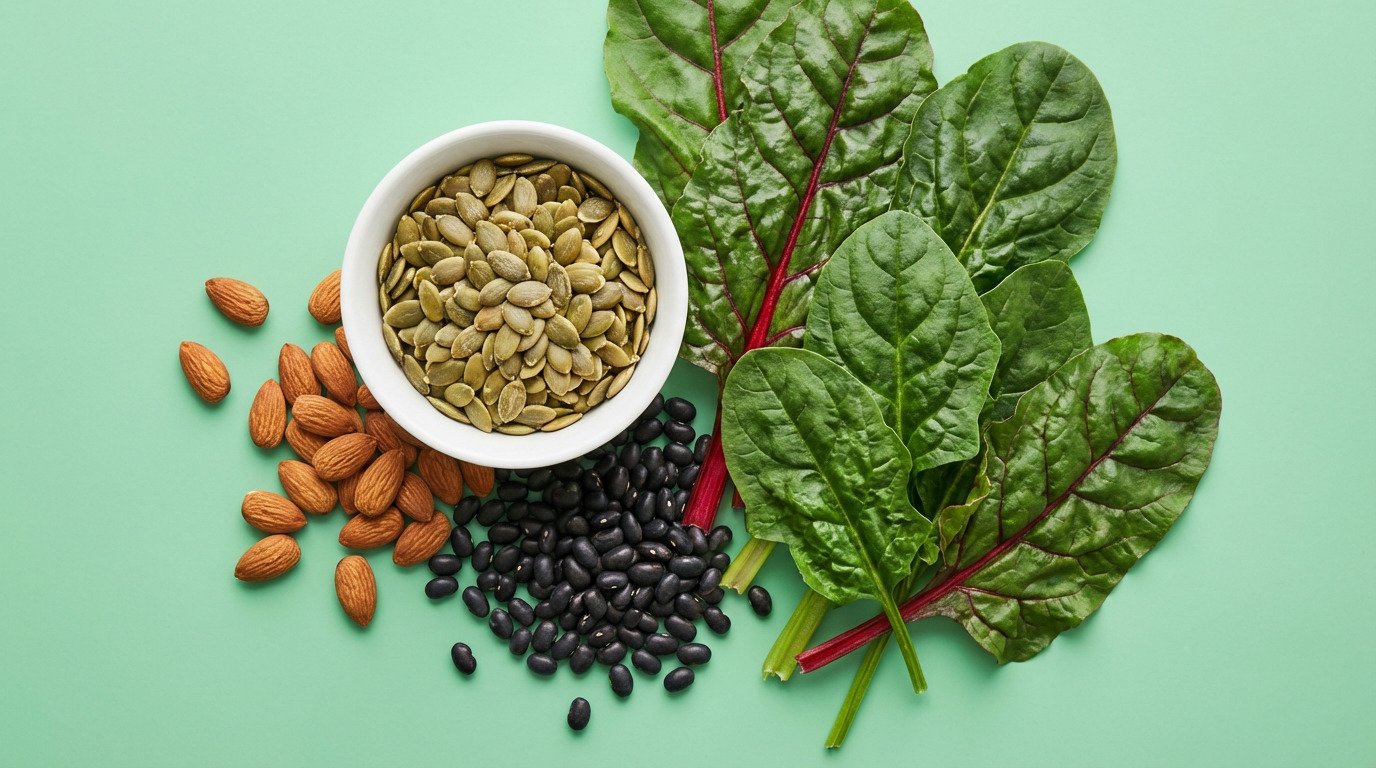 magnesium-rich foods for blood sugar support — pumpkin seeds, almonds and dark leafy greens on a mint green background