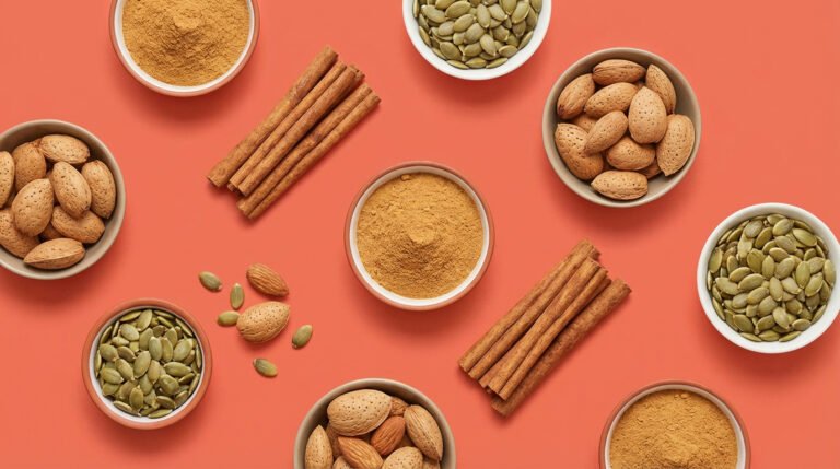 natural supplements for prediabetes on coral background — berberine, cinnamon, magnesium