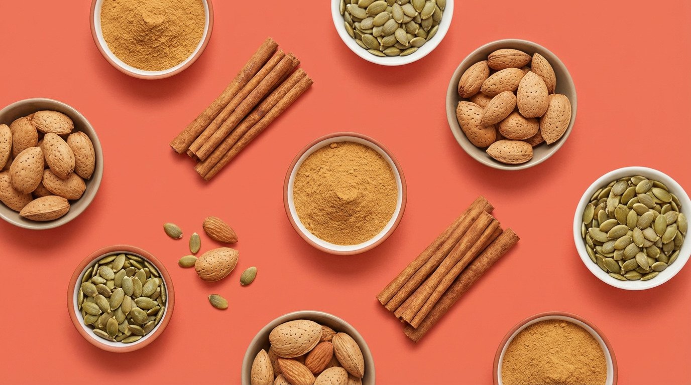 natural supplements for prediabetes on coral background — berberine, cinnamon, magnesium