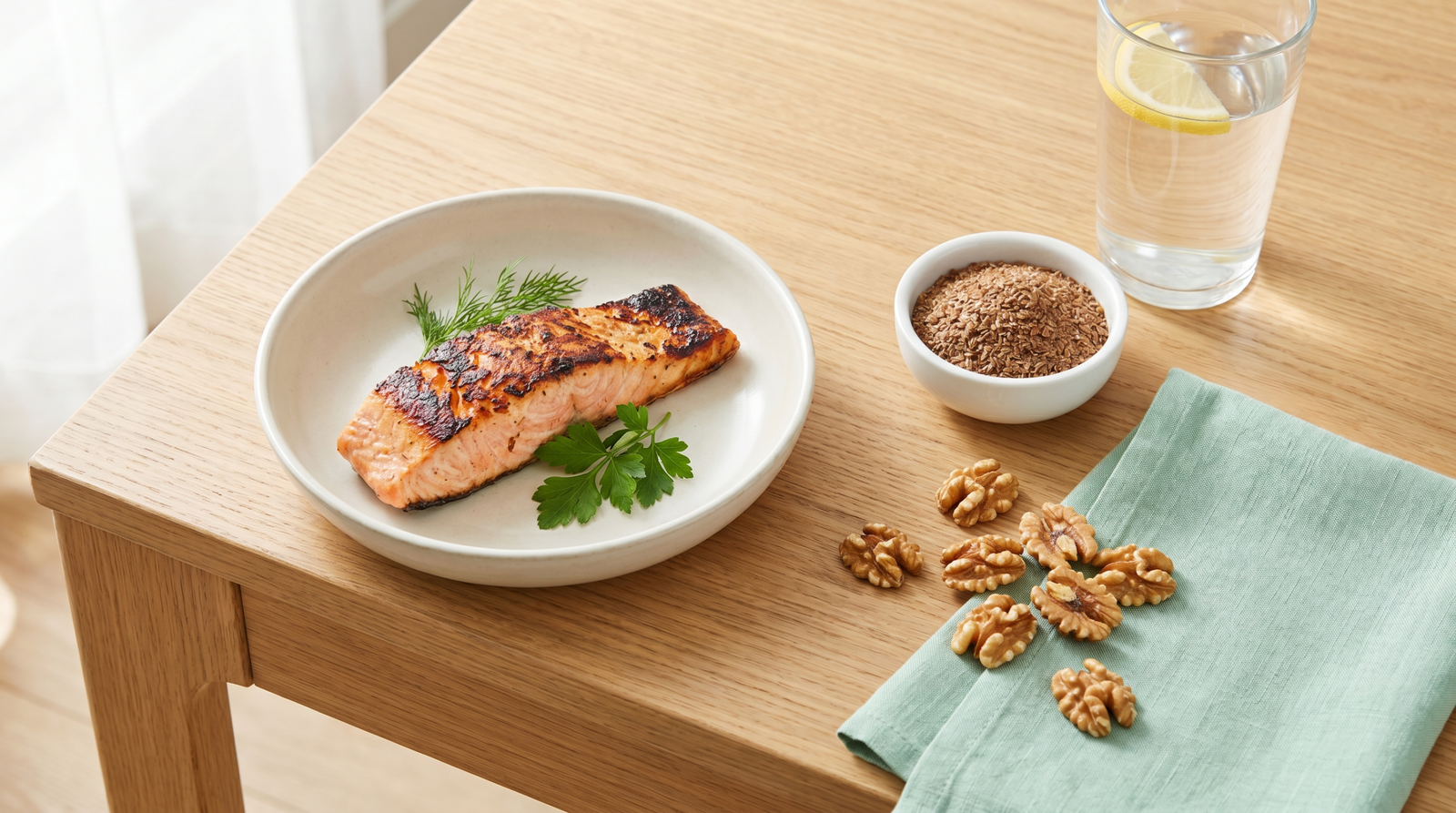 omega-3 rich salmon bowl with walnuts flaxseed and greens on a wooden table