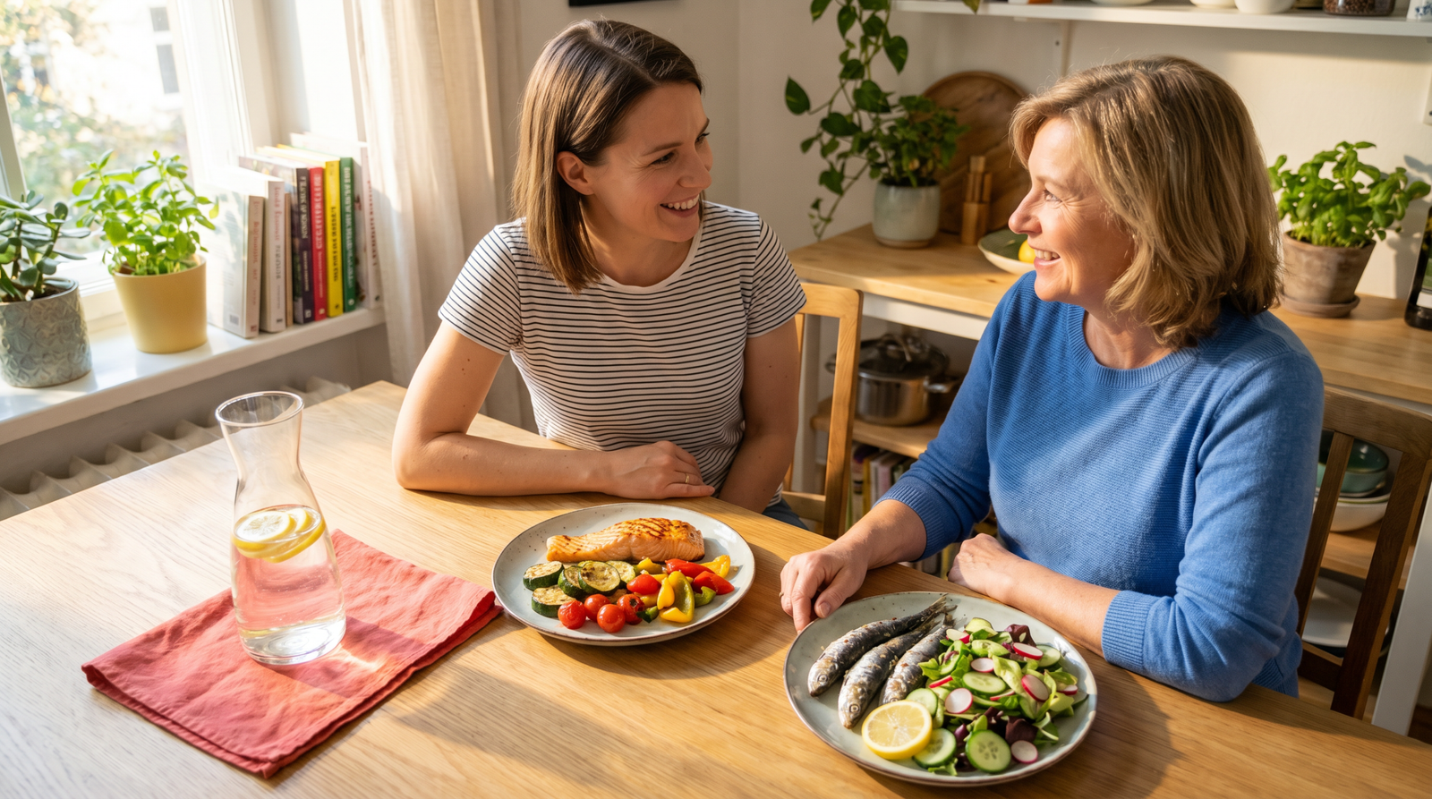 omega-3 insulin sensitivity dinner scene with salmon and vegetables at a bright home table