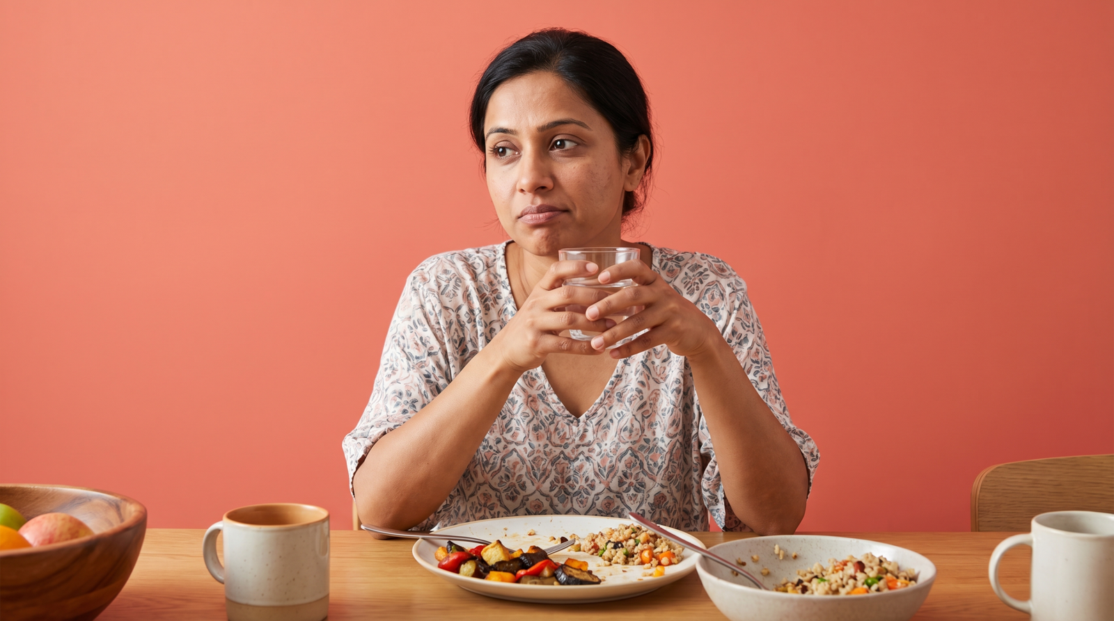 Post-meal blood sugar spikes fatigue — woman looking tired after meal at kitchen table