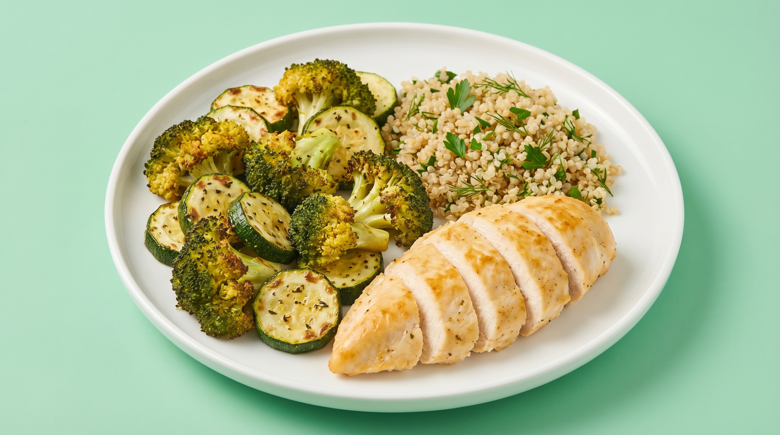 Balanced plate with protein, vegetables, and whole grains to prevent post-meal blood sugar spikes