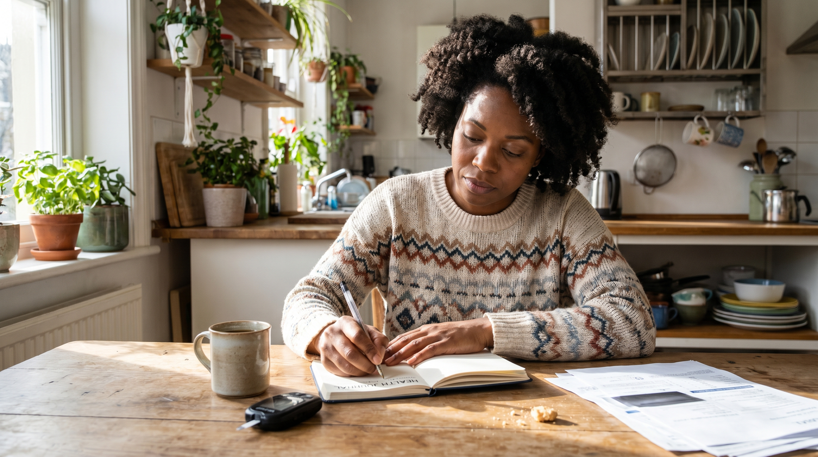 prediabetes success stories - woman tracking meals and blood sugar in a health journal at kitchen table