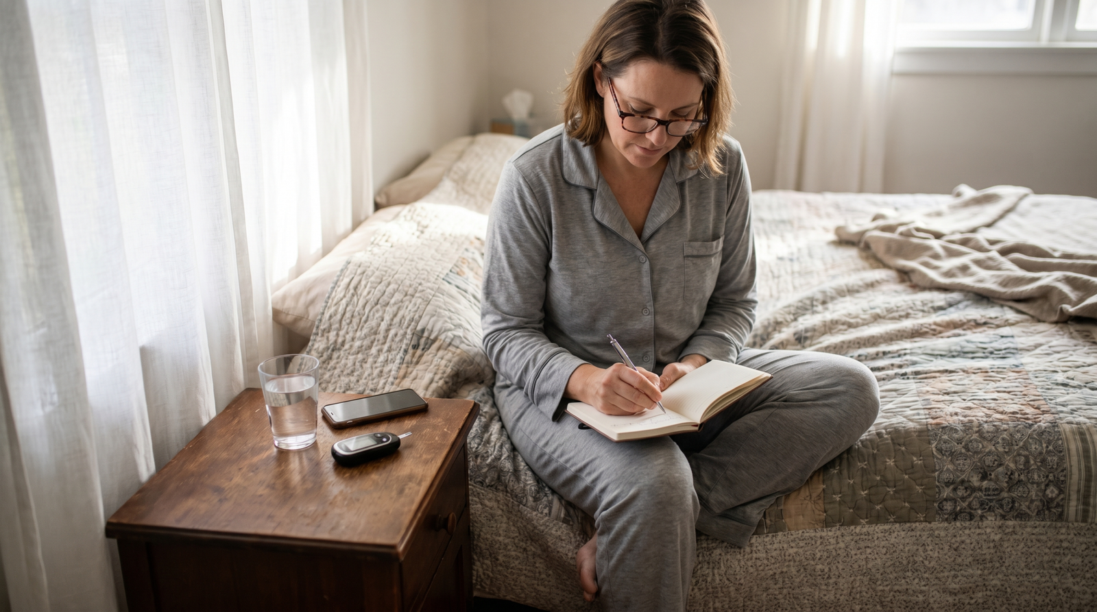 prediabetes success stories - woman reviewing blood sugar journal at kitchen table, natural light