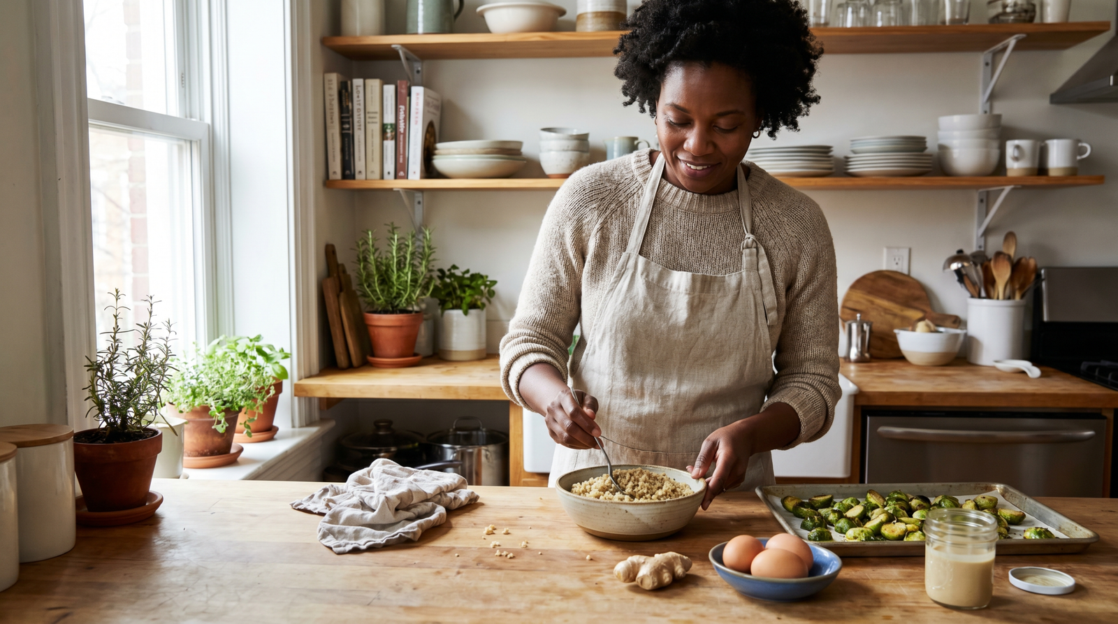 woman over 40 preparing a balanced meal to support blood sugar and prediabetes management