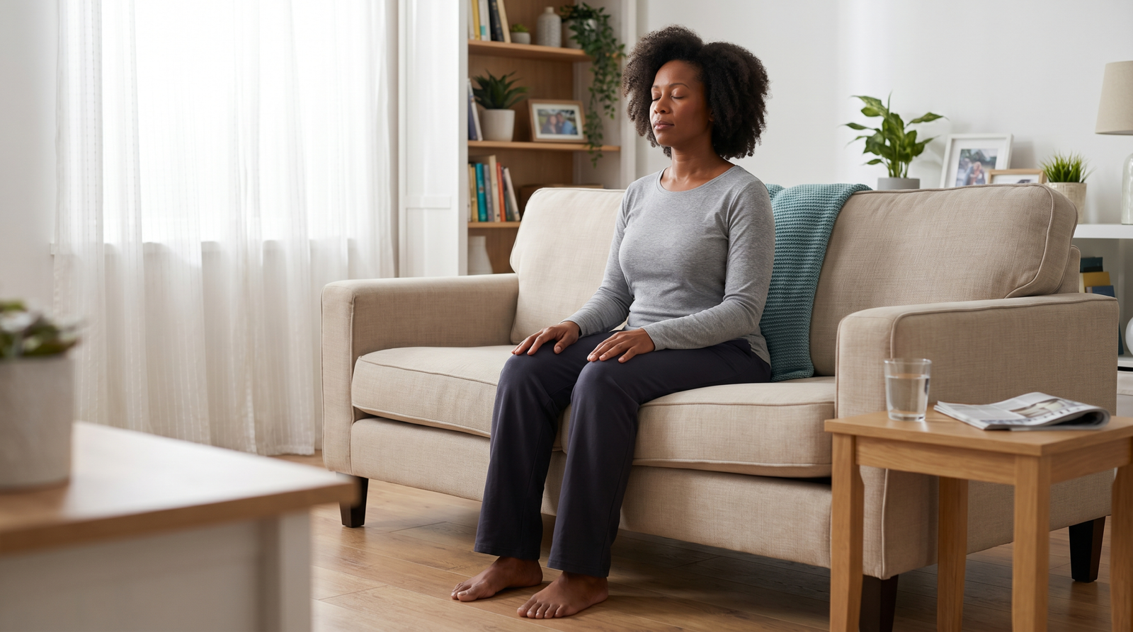 stress and blood sugar connection — woman breathing exercise at home living room to lower cortisol