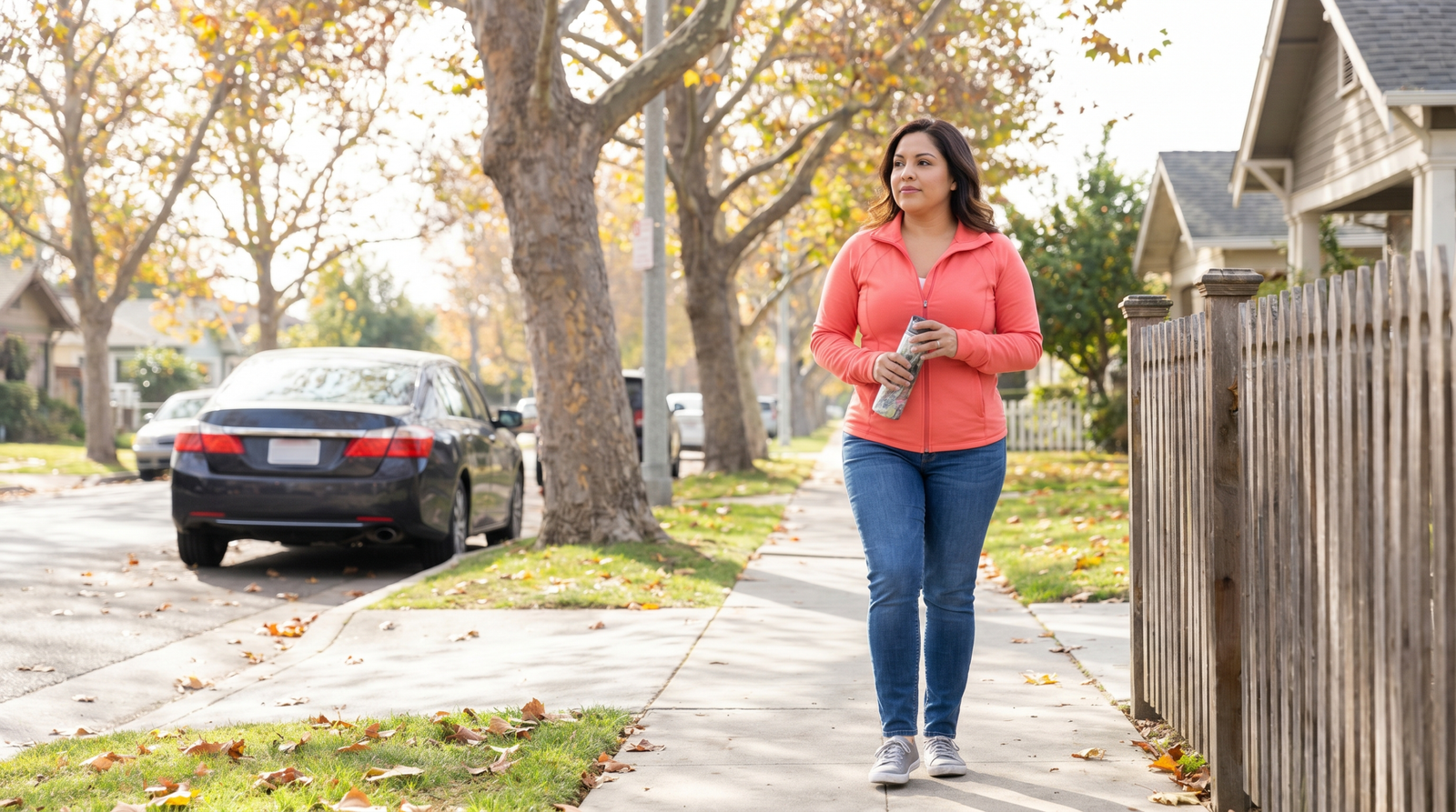 stress and blood sugar management — woman short walk after meal neighborhood to reduce glucose spikes