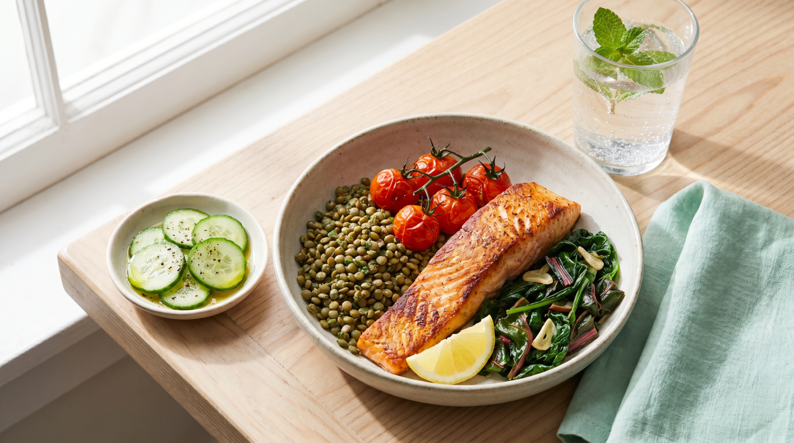 blood sugar stabilizing meal for stress management — salmon bowl with roasted vegetables and legumes on table