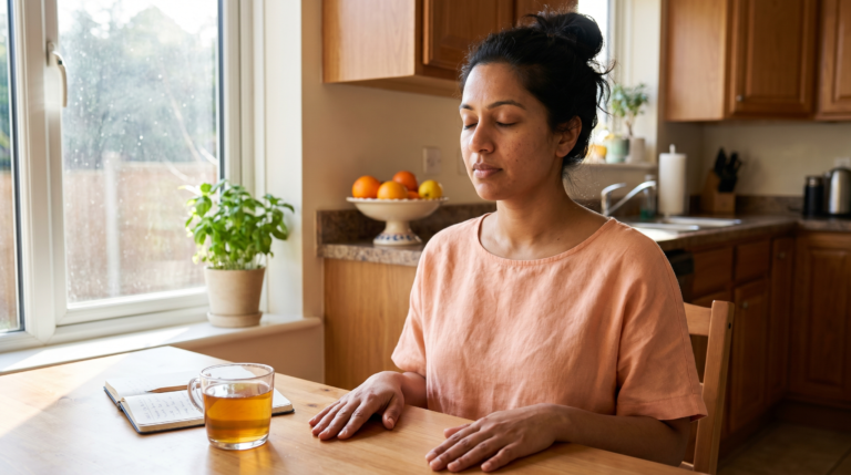 stress and blood sugar — woman breathing exercise at wooden kitchen table with herbal tea, morning light