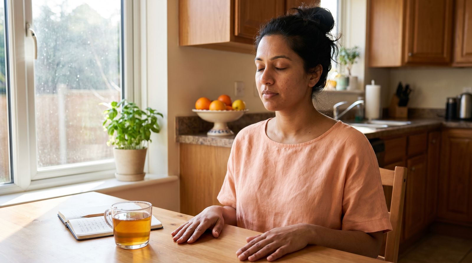 stress and blood sugar — woman breathing exercise at wooden kitchen table with herbal tea, morning light