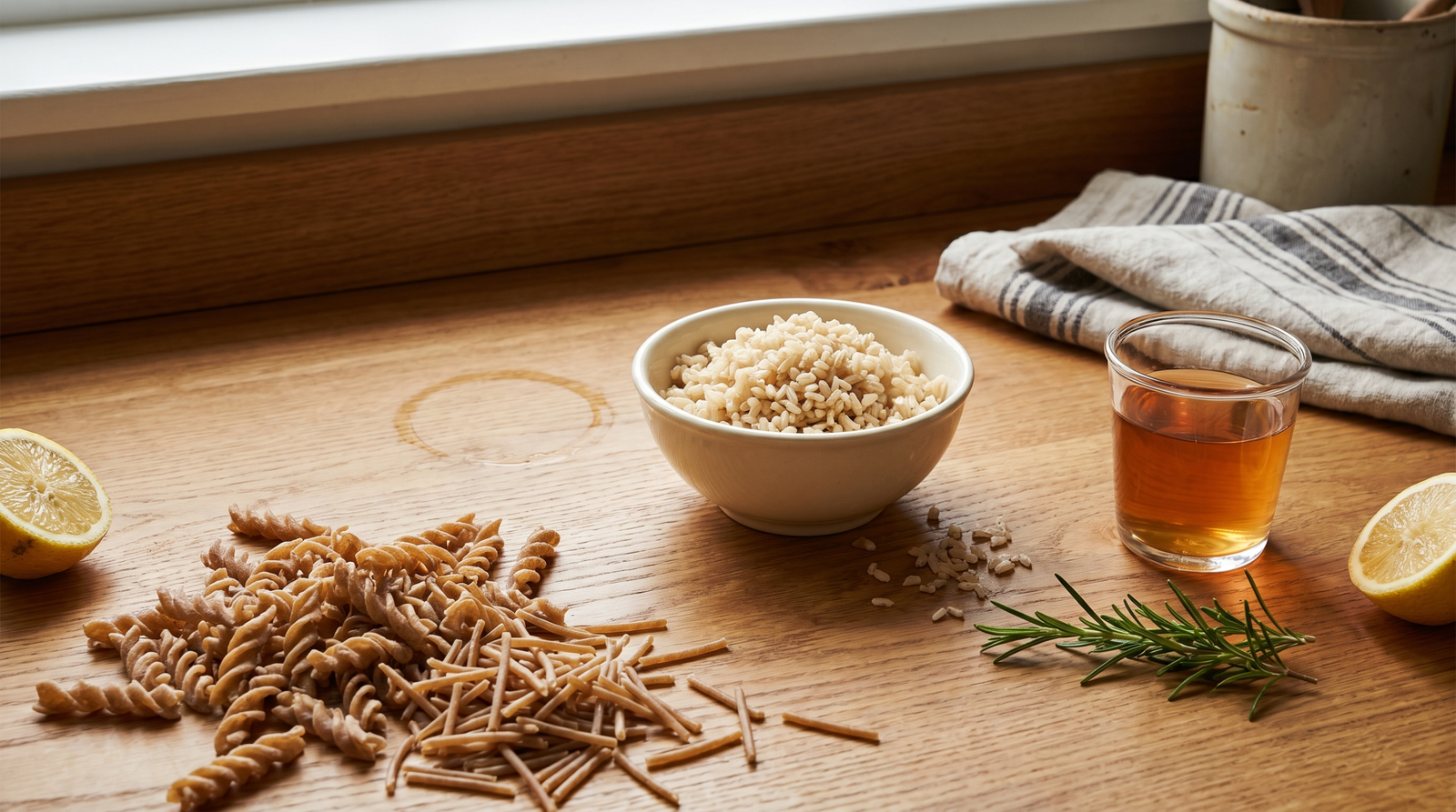 vinegar before meals with whole grains — pasta and brown rice beside small glass of vinegar on wooden kitchen board