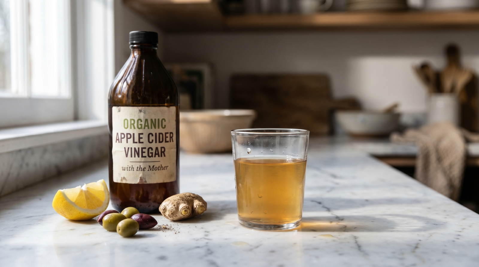 vinegar before meals to lower blood sugar — diluted ACV in glass on kitchen counter