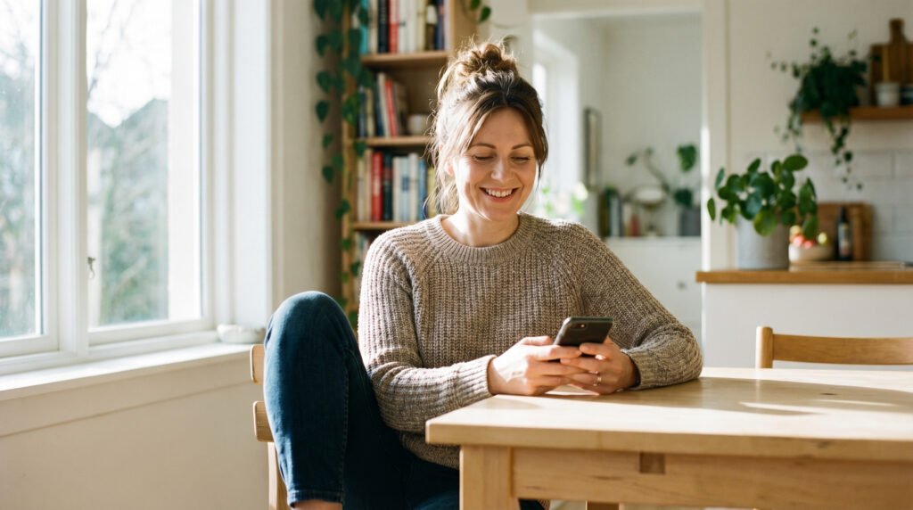 Woman in her 40s calmly using her smartphone at a kitchen table, taking a quick metabolic health assessment
