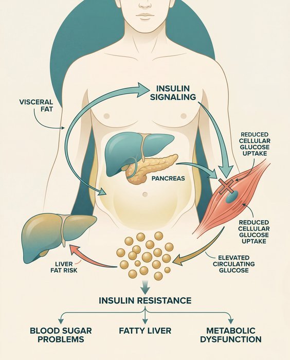 Editorial infographic showing insulin resistance as a root metabolic problem, linking belly fat, reduced cellular glucose uptake, elevated blood sugar, and fatty liver risk