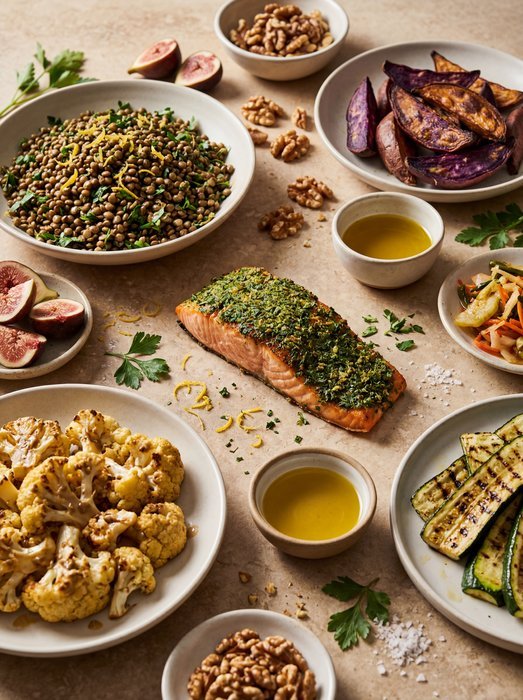 Colorful metabolic health nutrition spread with salmon, lentils, roasted vegetables, herbs, olive oil and whole-food dishes